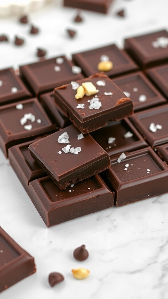 Decadent Keto Chocolate Bars Recipe Keto chocolate bars cut into squares with chocolate chips and nuts on a marble surface.